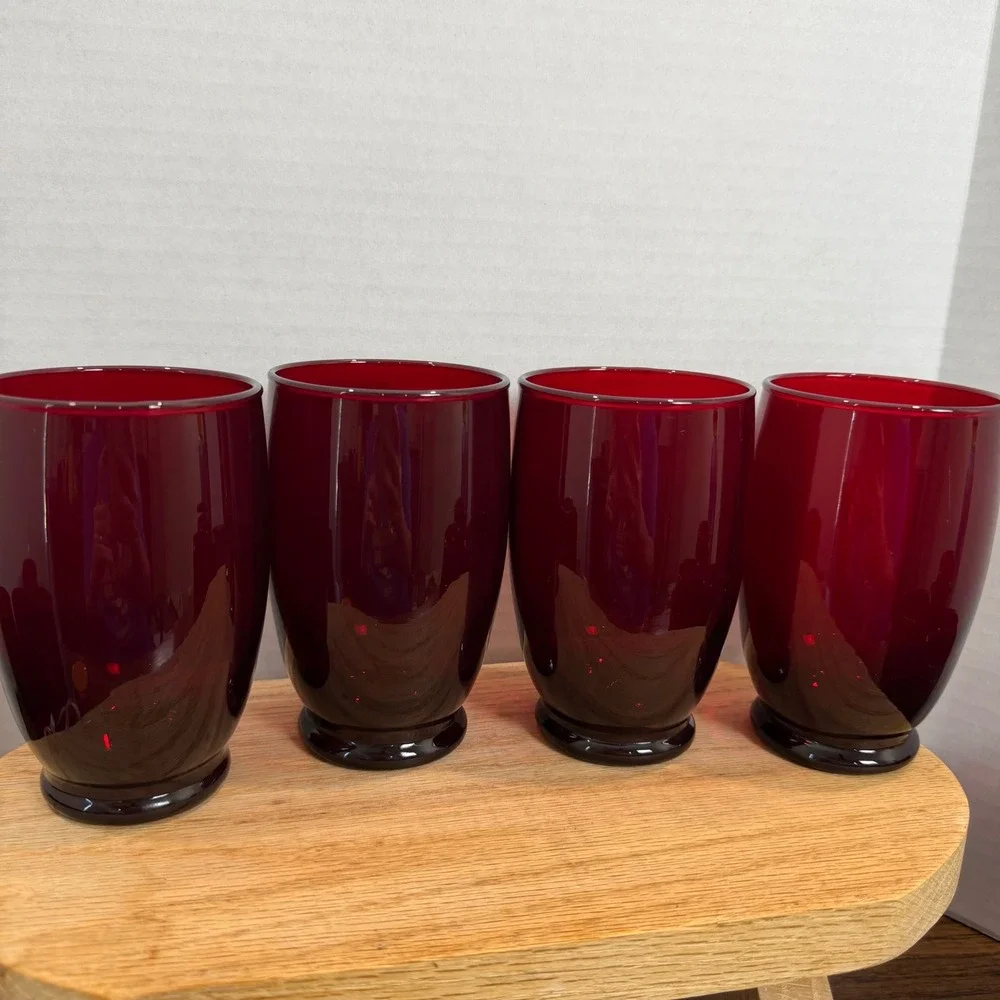 Vintage Anchor Hocking Baltic Royal‎ Ruby Red Tumblers Set Footed Drinking Glass